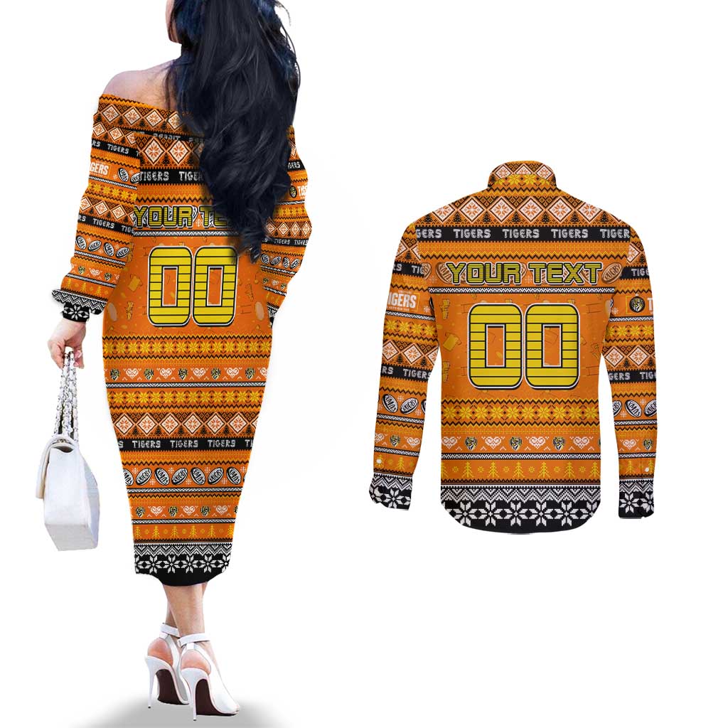 Personalized Tigers Rugby Xmas Couples Matching Off The Shoulder Long Sleeve Dress and Long Sleeve Button Shirt Australia AFL Mascot