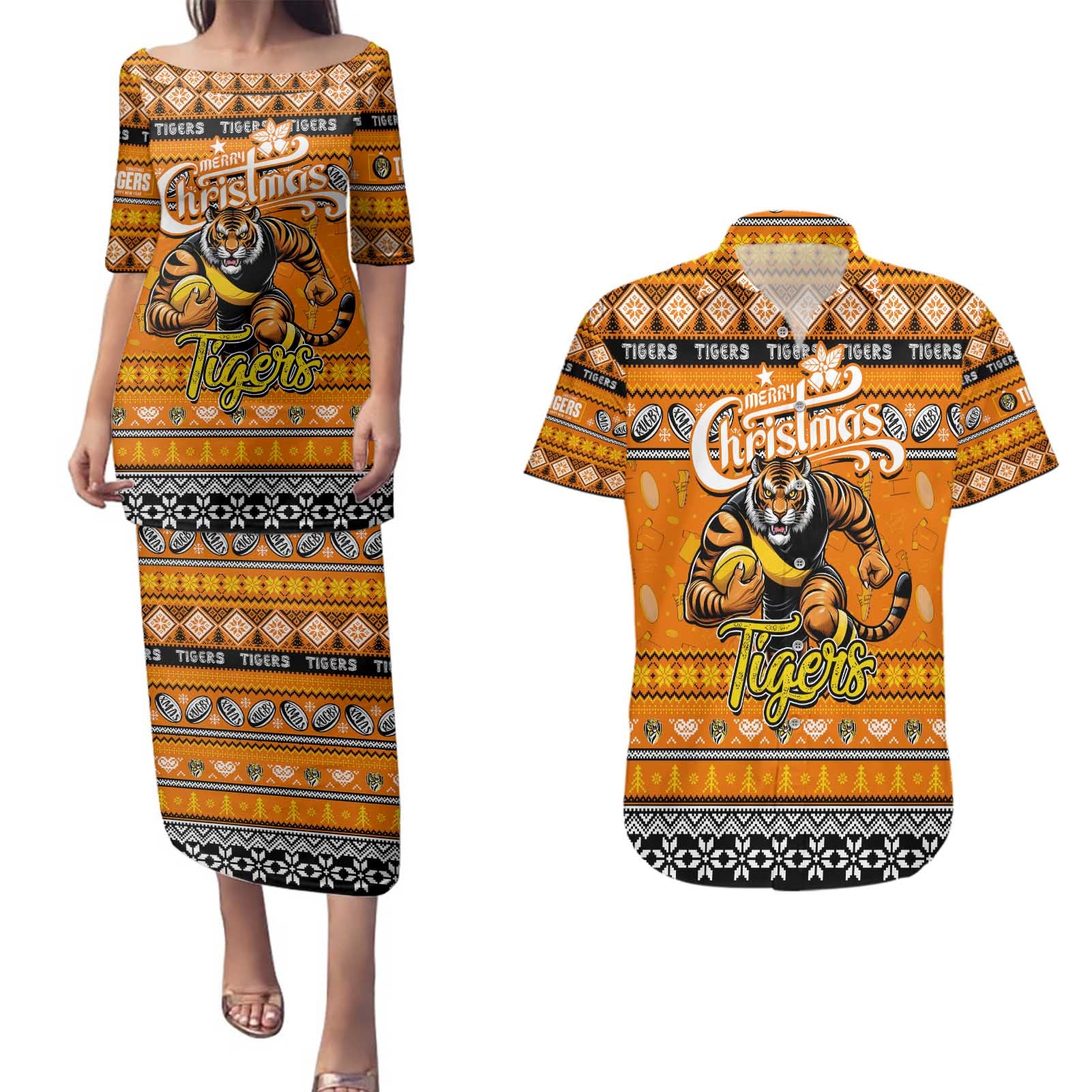 Personalized Tigers Rugby Xmas Couples Matching Puletasi and Hawaiian Shirt Australia AFL Mascot