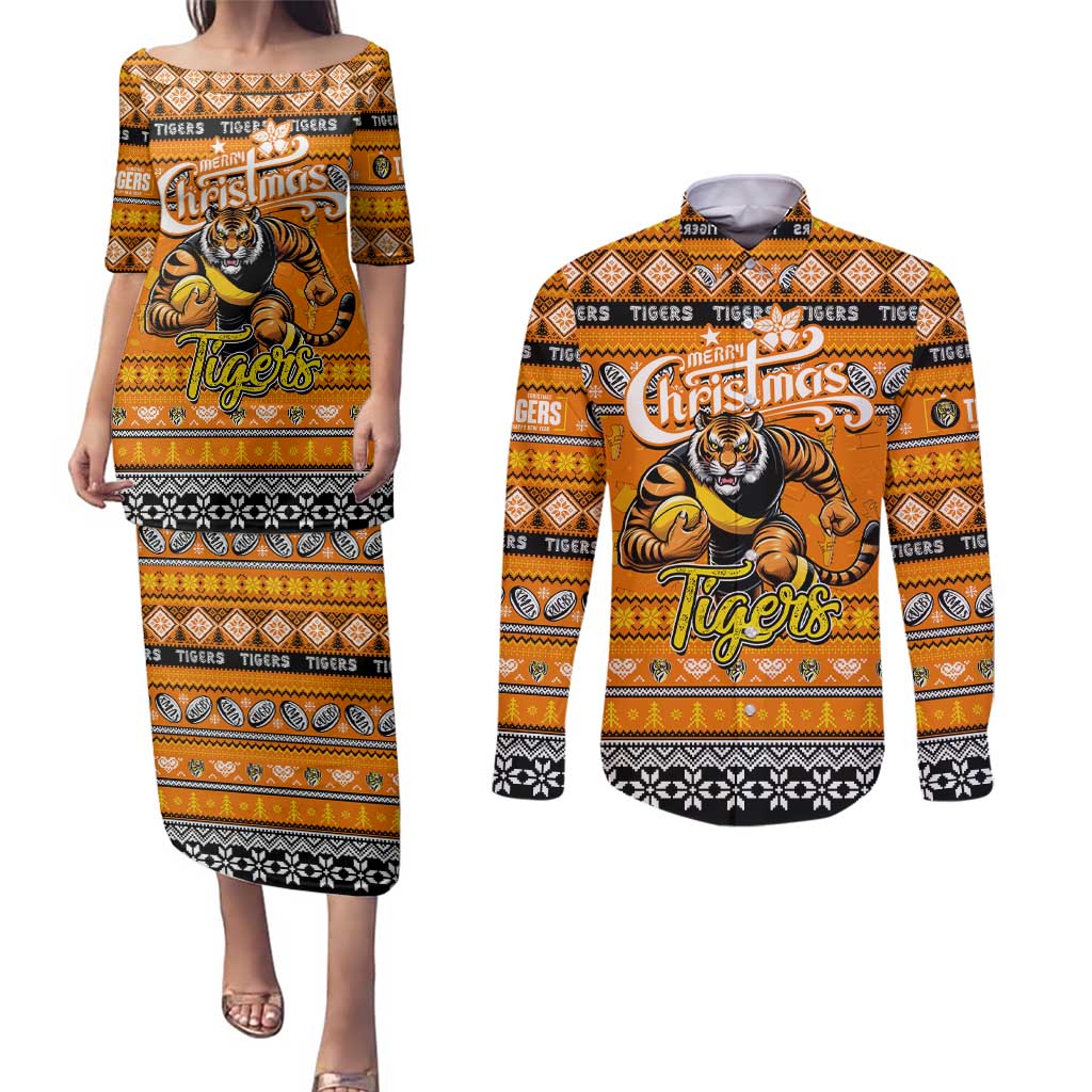 Personalized Tigers Rugby Xmas Couples Matching Puletasi and Long Sleeve Button Shirt Australia AFL Mascot
