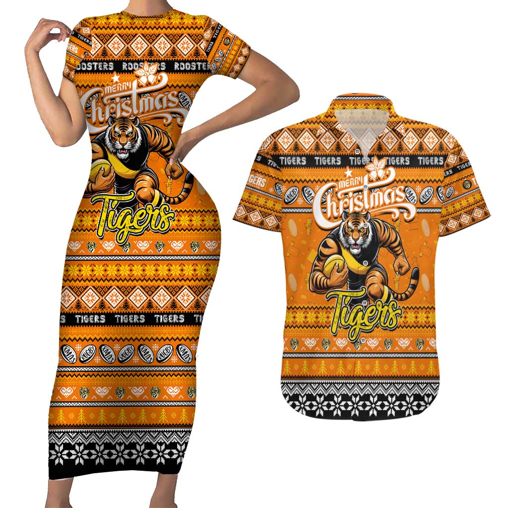 Personalized Tigers Rugby Xmas Couples Matching Short Sleeve Bodycon Dress and Hawaiian Shirt Australia AFL Mascot