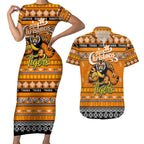 Personalized Tigers Rugby Xmas Couples Matching Short Sleeve Bodycon Dress and Hawaiian Shirt Australia AFL Mascot