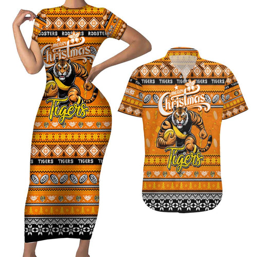 Personalized Tigers Rugby Xmas Couples Matching Short Sleeve Bodycon Dress and Hawaiian Shirt Australia AFL Mascot