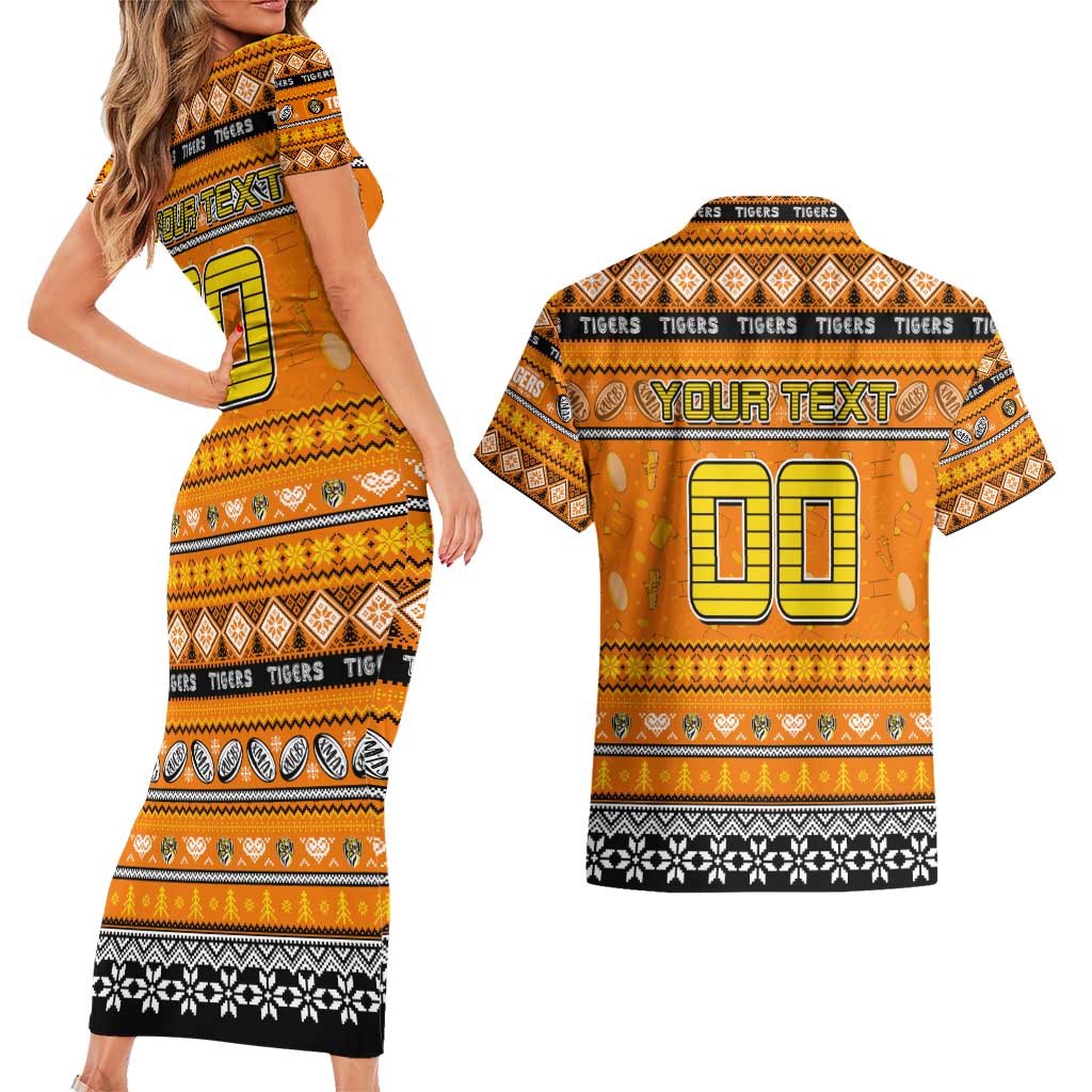 Personalized Tigers Rugby Xmas Couples Matching Short Sleeve Bodycon Dress and Hawaiian Shirt Australia AFL Mascot