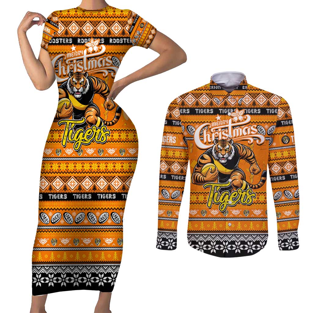 Personalized Tigers Rugby Xmas Couples Matching Short Sleeve Bodycon Dress and Long Sleeve Button Shirt Australia AFL Mascot