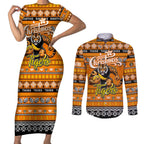 Personalized Tigers Rugby Xmas Couples Matching Short Sleeve Bodycon Dress and Long Sleeve Button Shirt Australia AFL Mascot