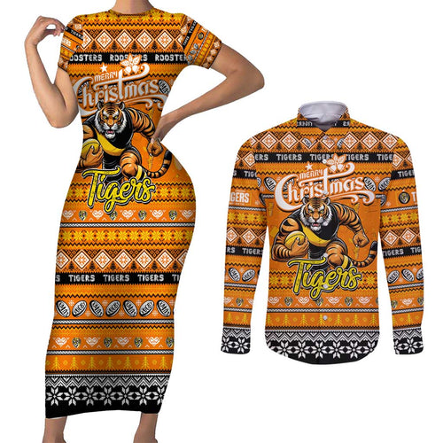 Personalized Tigers Rugby Xmas Couples Matching Short Sleeve Bodycon Dress and Long Sleeve Button Shirt Australia AFL Mascot