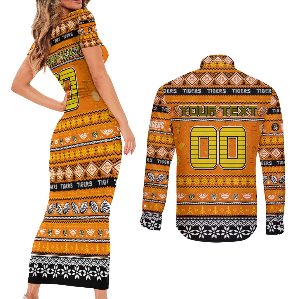 Personalized Tigers Rugby Xmas Couples Matching Short Sleeve Bodycon Dress and Long Sleeve Button Shirt Australia AFL Mascot