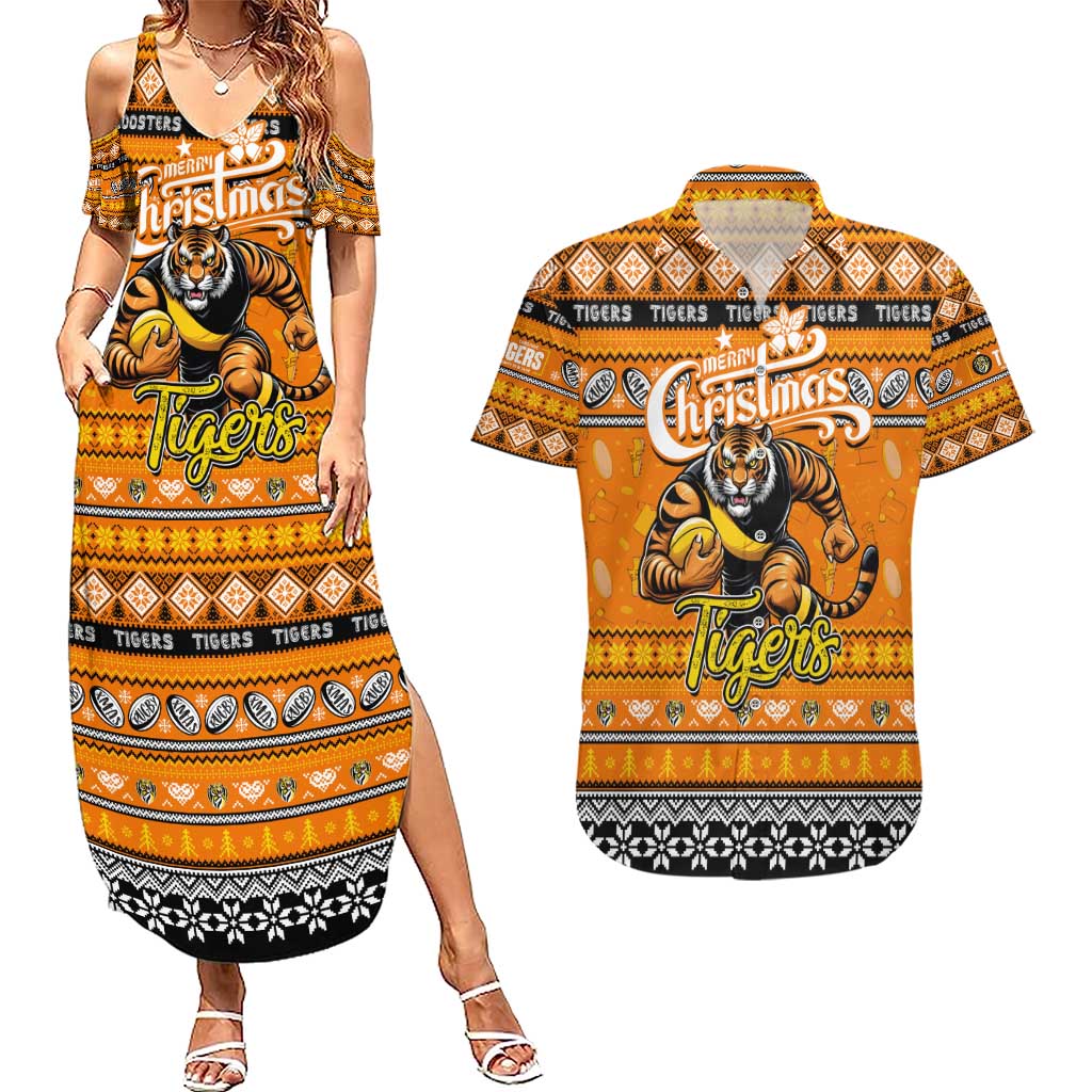 Personalized Tigers Rugby Xmas Couples Matching Summer Maxi Dress and Hawaiian Shirt Australia AFL Mascot