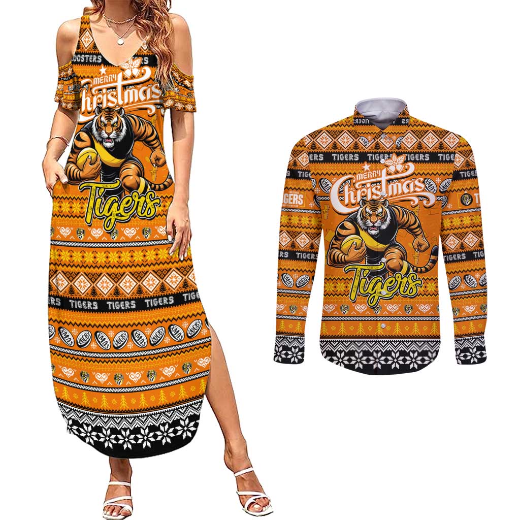 Personalized Tigers Rugby Xmas Couples Matching Summer Maxi Dress and Long Sleeve Button Shirt Australia AFL Mascot