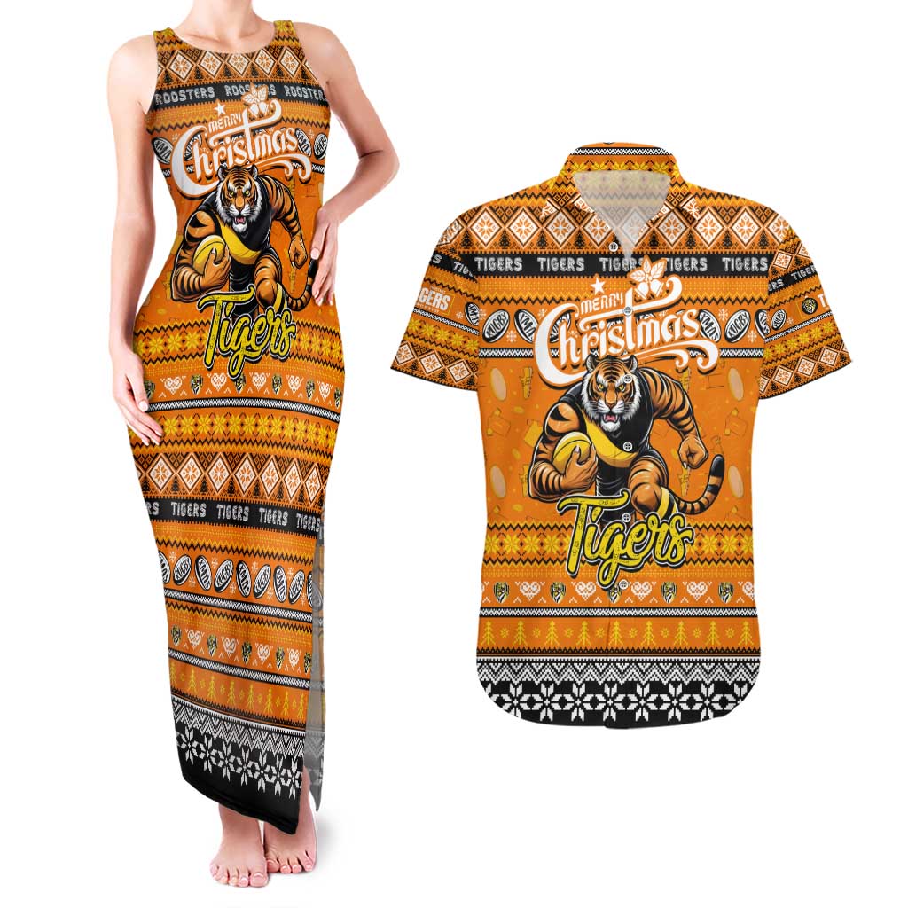 Personalized Tigers Rugby Xmas Couples Matching Tank Maxi Dress and Hawaiian Shirt Australia AFL Mascot