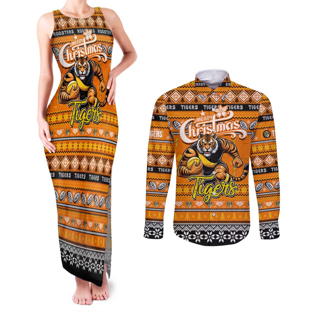 Personalized Tigers Rugby Xmas Couples Matching Tank Maxi Dress and Long Sleeve Button Shirt Australia AFL Mascot
