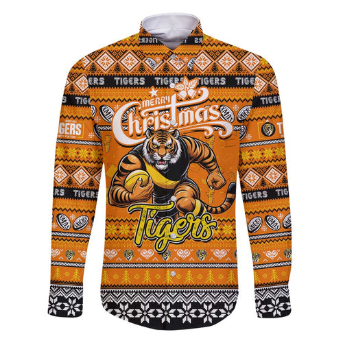Personalized Tigers Rugby Xmas Family Matching Long Sleeve Bodycon Dress and Hawaiian Shirt Australia AFL Mascot