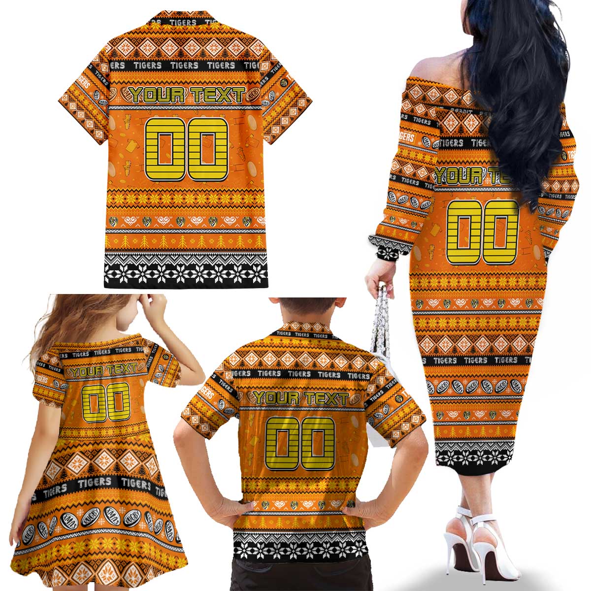 Personalized Tigers Rugby Xmas Family Matching Off The Shoulder Long Sleeve Dress and Hawaiian Shirt Australia AFL Mascot