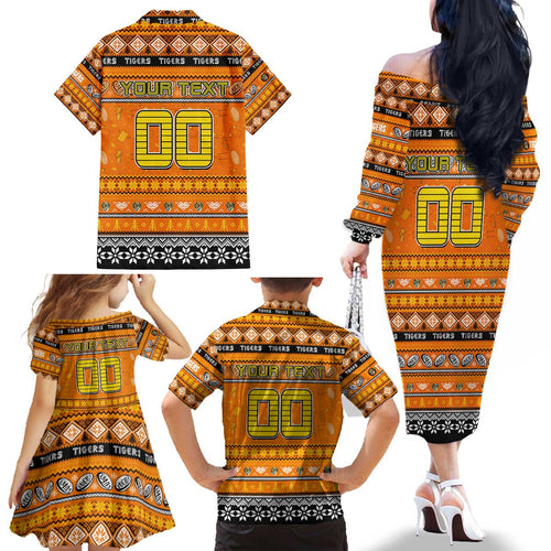 Personalized Tigers Rugby Xmas Family Matching Off The Shoulder Long Sleeve Dress and Hawaiian Shirt Australia AFL Mascot