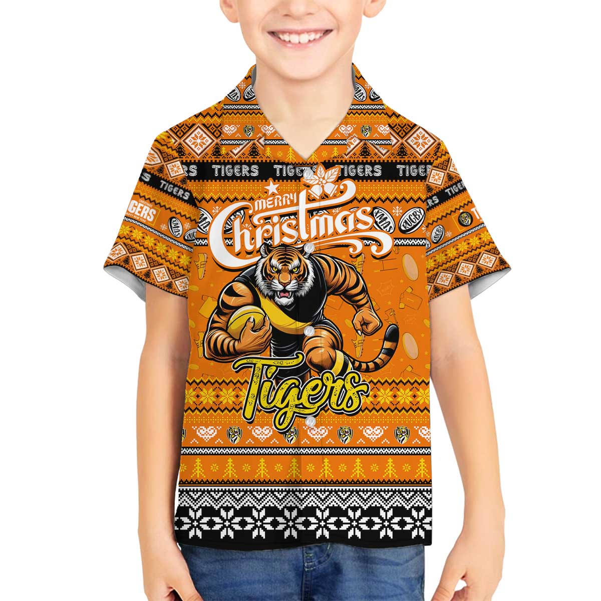Personalized Tigers Rugby Xmas Family Matching Off The Shoulder Long Sleeve Dress and Hawaiian Shirt Australia AFL Mascot