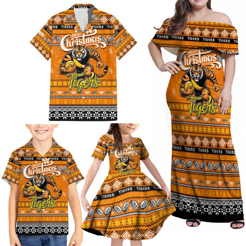 Personalized Tigers Rugby Xmas Family Matching Off Shoulder Maxi Dress and Hawaiian Shirt Australia AFL Mascot