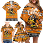 Personalized Tigers Rugby Xmas Family Matching Off Shoulder Short Dress and Hawaiian Shirt Australia AFL Mascot