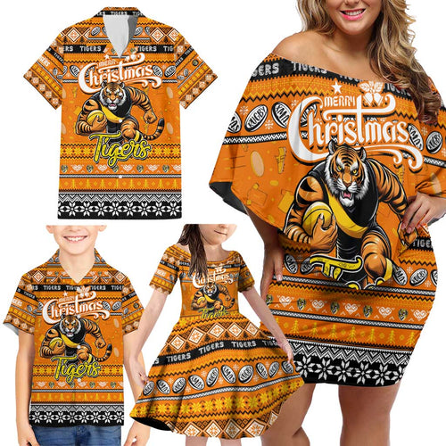 Personalized Tigers Rugby Xmas Family Matching Off Shoulder Short Dress and Hawaiian Shirt Australia AFL Mascot