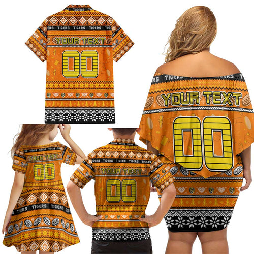 Personalized Tigers Rugby Xmas Family Matching Off Shoulder Short Dress and Hawaiian Shirt Australia AFL Mascot