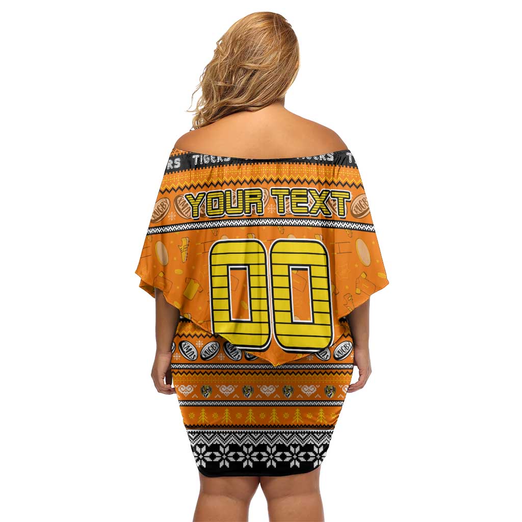 Personalized Tigers Rugby Xmas Family Matching Off Shoulder Short Dress and Hawaiian Shirt Australia AFL Mascot