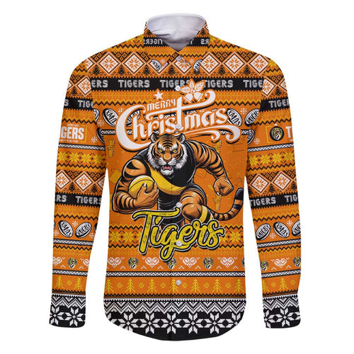 Personalized Tigers Rugby Xmas Family Matching Short Sleeve Bodycon Dress and Hawaiian Shirt Australia AFL Mascot
