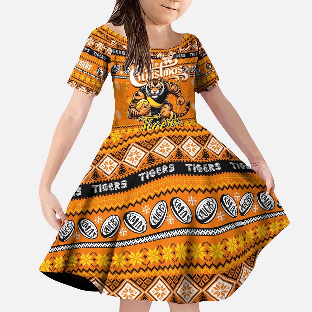 Personalized Tigers Rugby Xmas Kid Short Sleeve Dress Australia AFL Mascot
