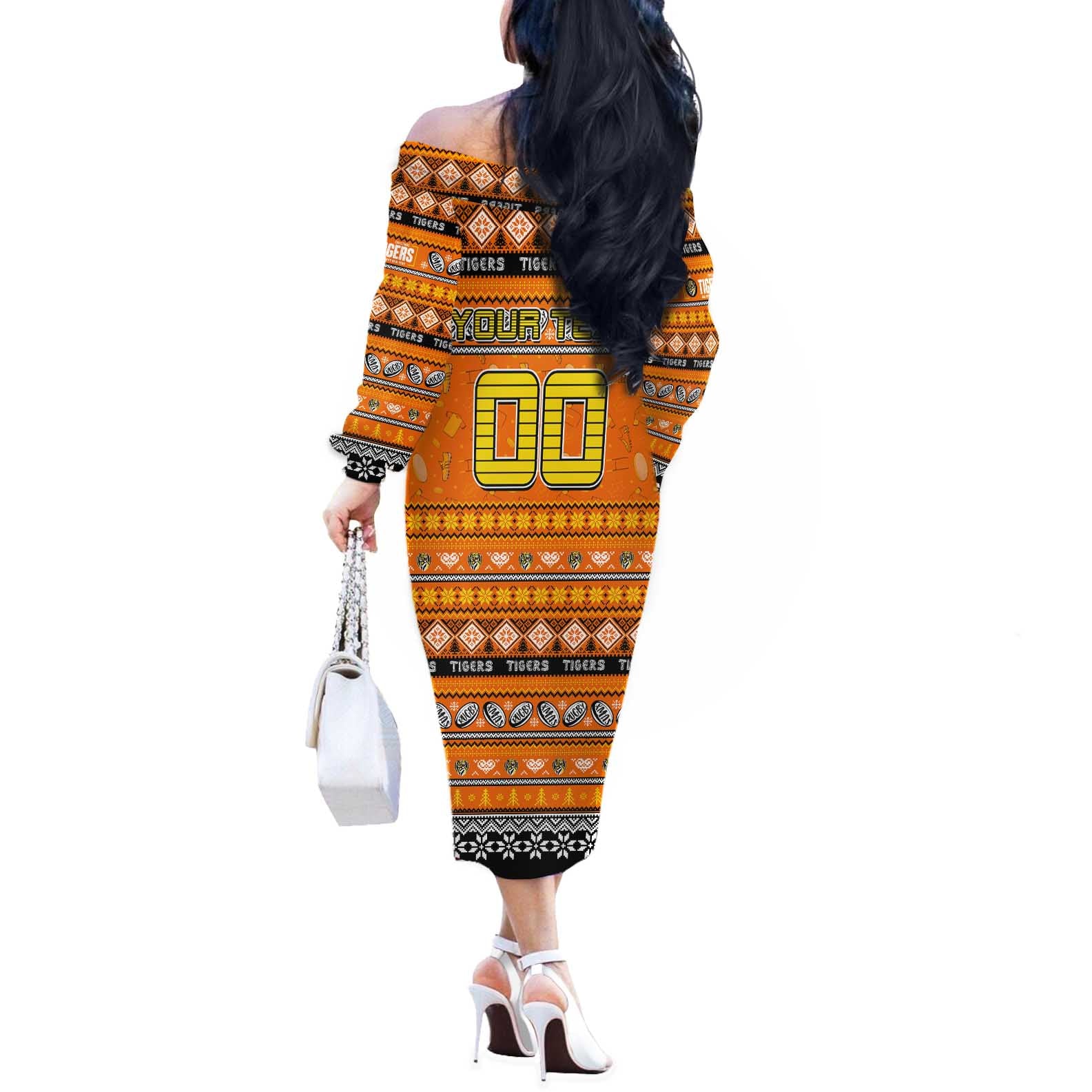 Personalized Tigers Rugby Xmas Off The Shoulder Long Sleeve Dress Australia AFL Mascot
