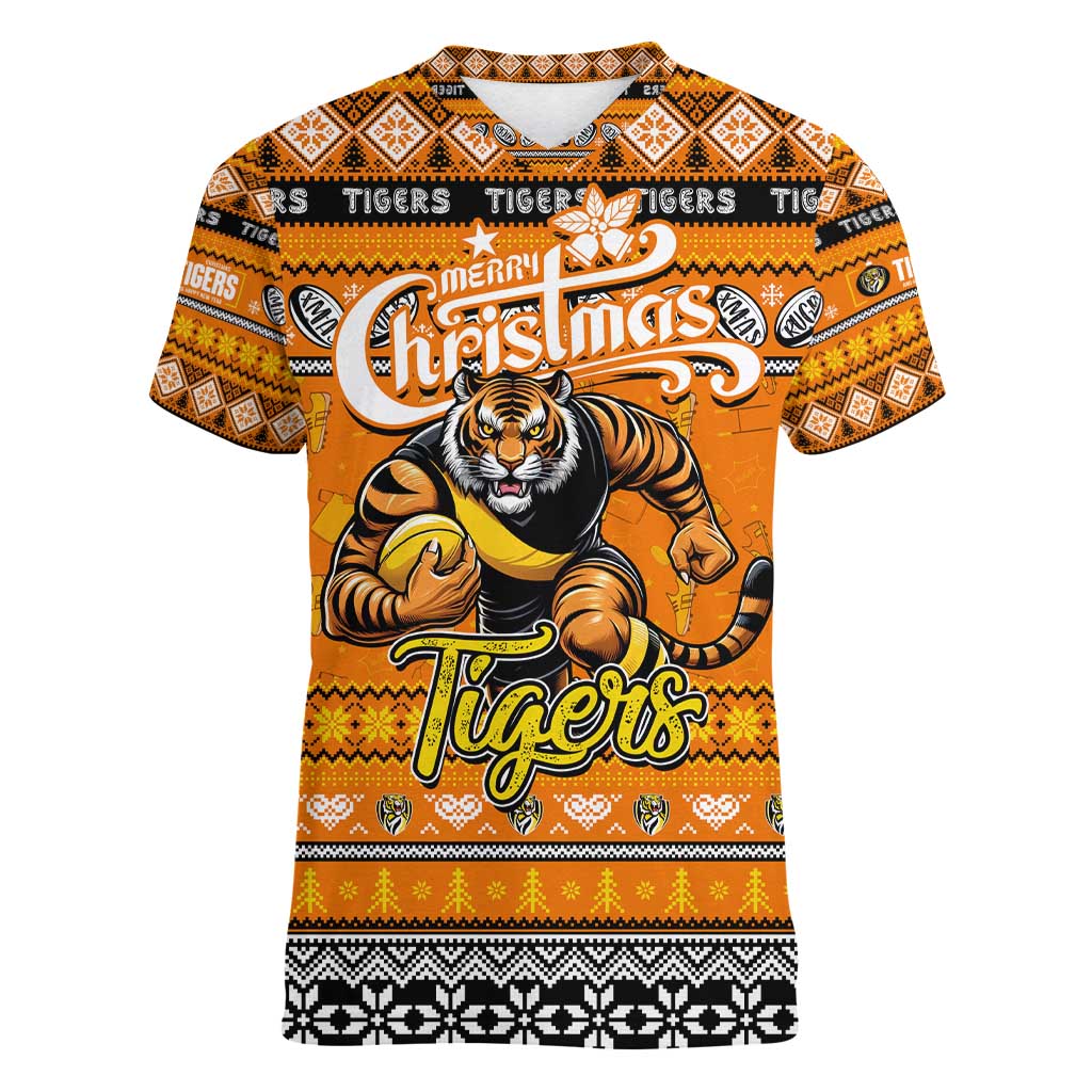 Personalized Tigers Rugby Xmas Women V-Neck T-Shirt Australia AFL Mascot