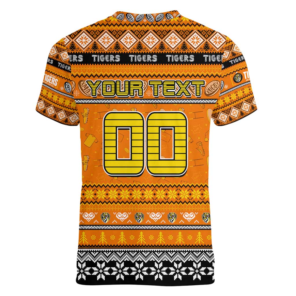 Personalized Tigers Rugby Xmas Women V-Neck T-Shirt Australia AFL Mascot