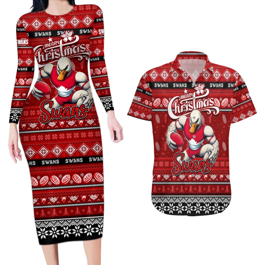 Personalized Swans Rugby Xmas Couples Matching Long Sleeve Bodycon Dress and Hawaiian Shirt Australia AFL Mascot