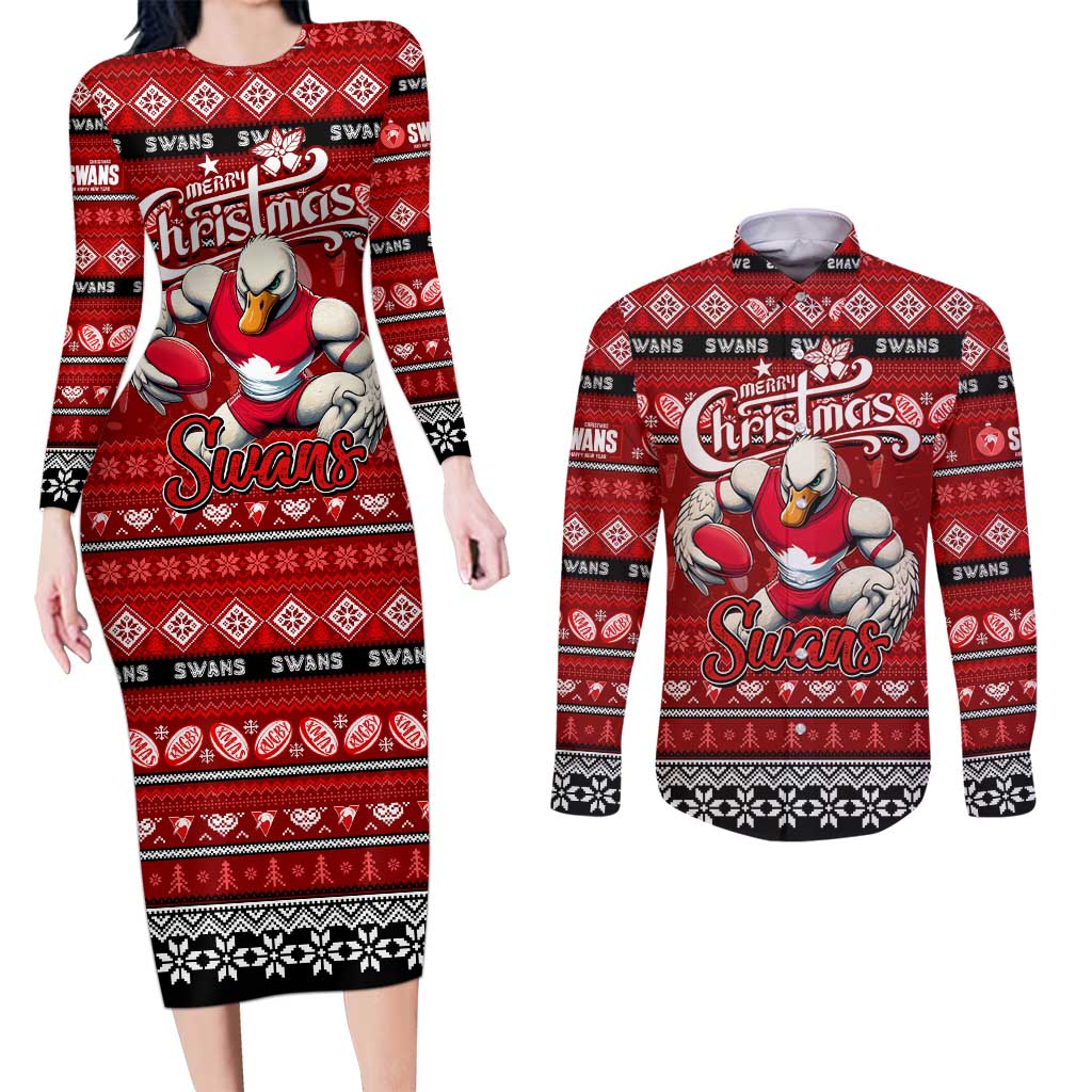 Personalized Swans Rugby Xmas Couples Matching Long Sleeve Bodycon Dress and Long Sleeve Button Shirt Australia AFL Mascot