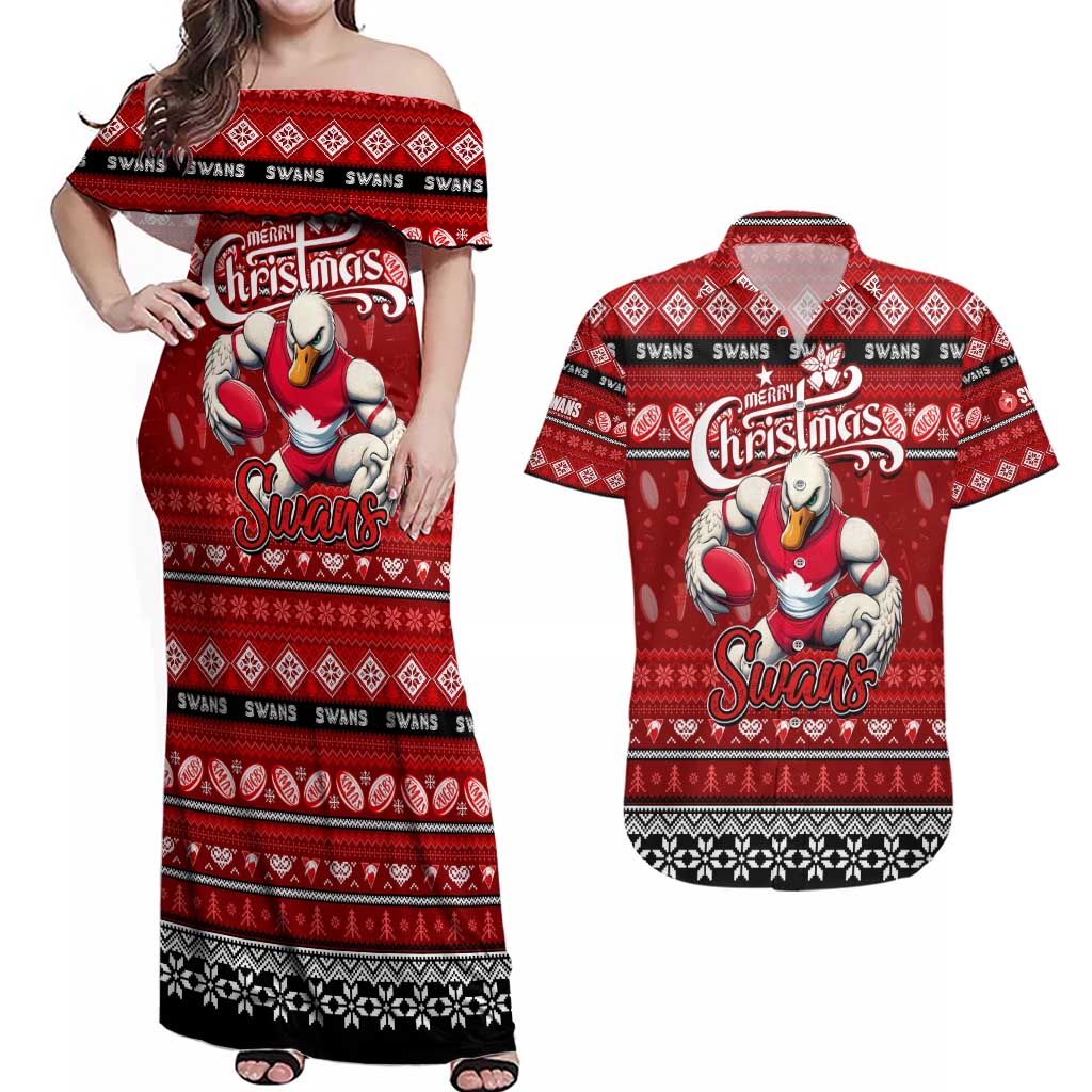 Personalized Swans Rugby Xmas Couples Matching Off Shoulder Maxi Dress and Hawaiian Shirt Australia AFL Mascot