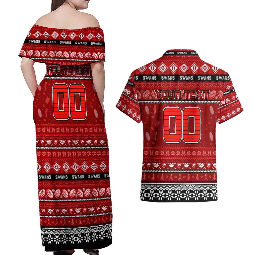 Personalized Swans Rugby Xmas Couples Matching Off Shoulder Maxi Dress and Hawaiian Shirt Australia AFL Mascot