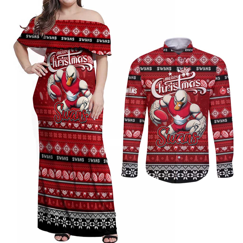 Personalized Swans Rugby Xmas Couples Matching Off Shoulder Maxi Dress and Long Sleeve Button Shirt Australia AFL Mascot