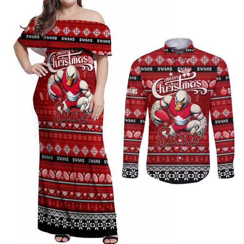 Personalized Swans Rugby Xmas Couples Matching Off Shoulder Maxi Dress and Long Sleeve Button Shirt Australia AFL Mascot