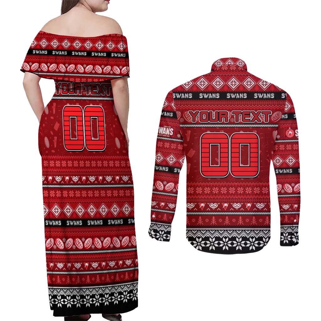 Personalized Swans Rugby Xmas Couples Matching Off Shoulder Maxi Dress and Long Sleeve Button Shirt Australia AFL Mascot