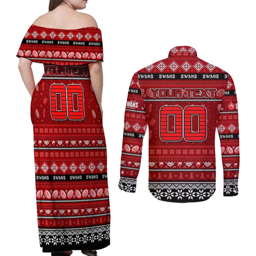 Personalized Swans Rugby Xmas Couples Matching Off Shoulder Maxi Dress and Long Sleeve Button Shirt Australia AFL Mascot