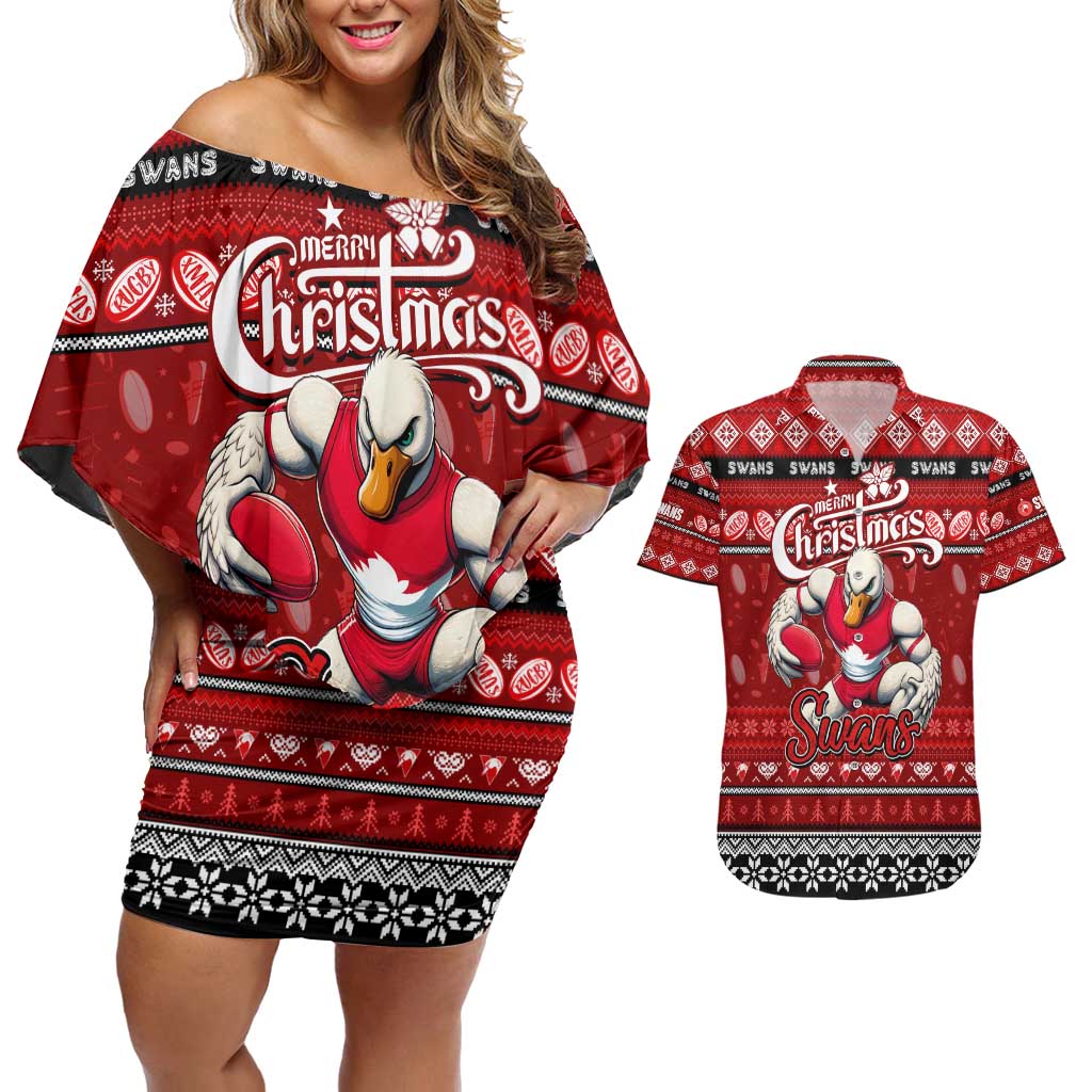 Personalized Swans Rugby Xmas Couples Matching Off Shoulder Short Dress and Hawaiian Shirt Australia AFL Mascot