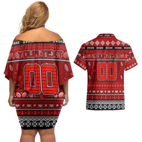 Personalized Swans Rugby Xmas Couples Matching Off Shoulder Short Dress and Hawaiian Shirt Australia AFL Mascot