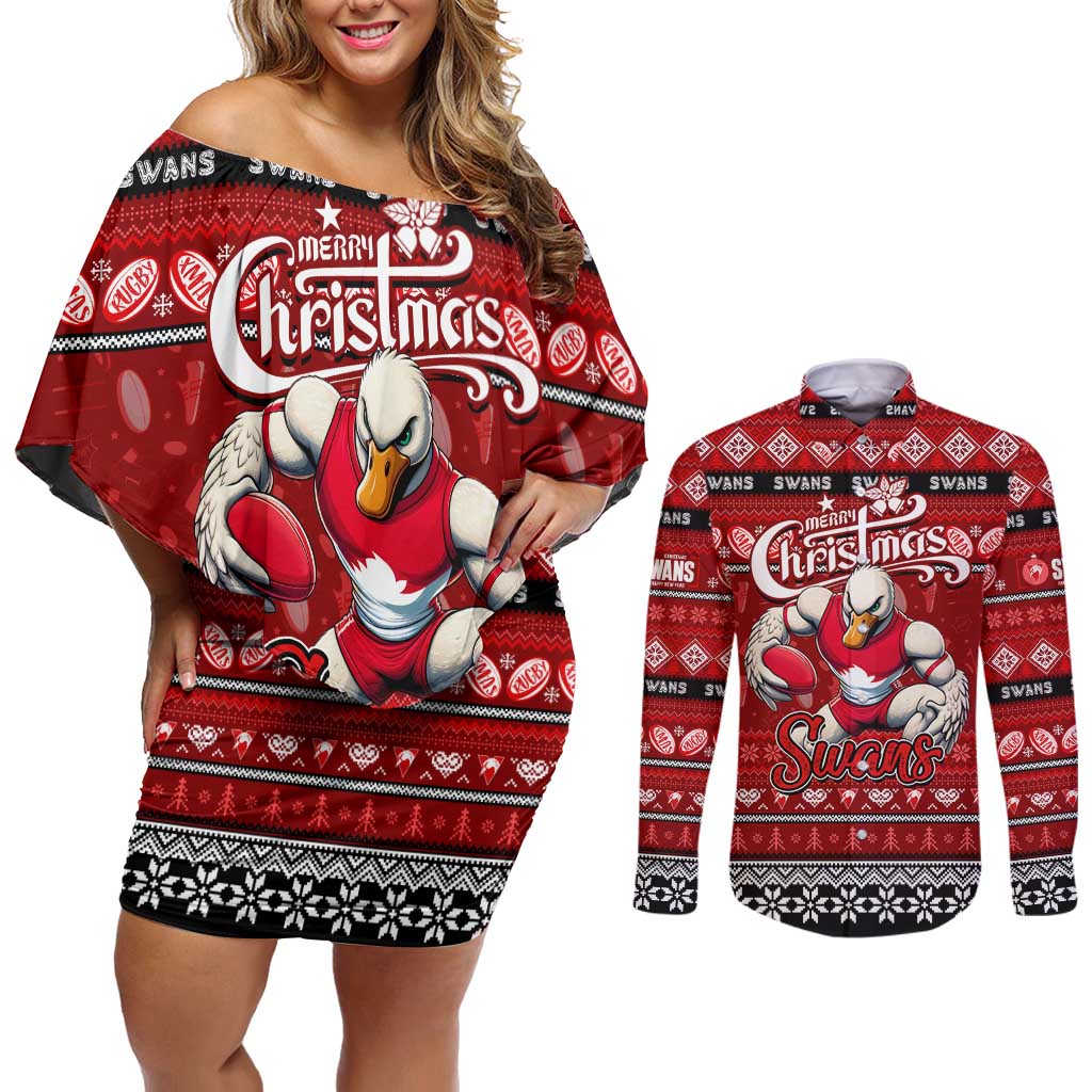 Personalized Swans Rugby Xmas Couples Matching Off Shoulder Short Dress and Long Sleeve Button Shirt Australia AFL Mascot