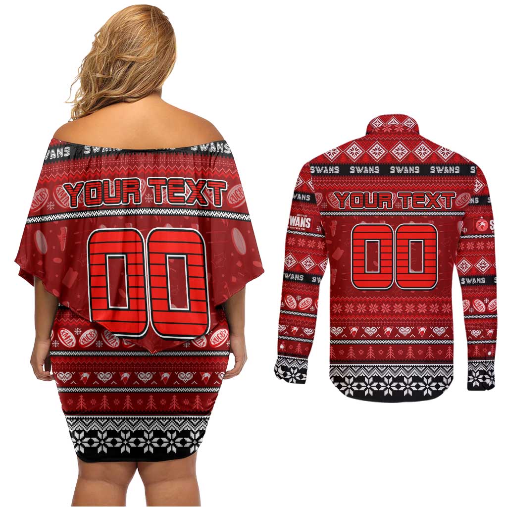 Personalized Swans Rugby Xmas Couples Matching Off Shoulder Short Dress and Long Sleeve Button Shirt Australia AFL Mascot