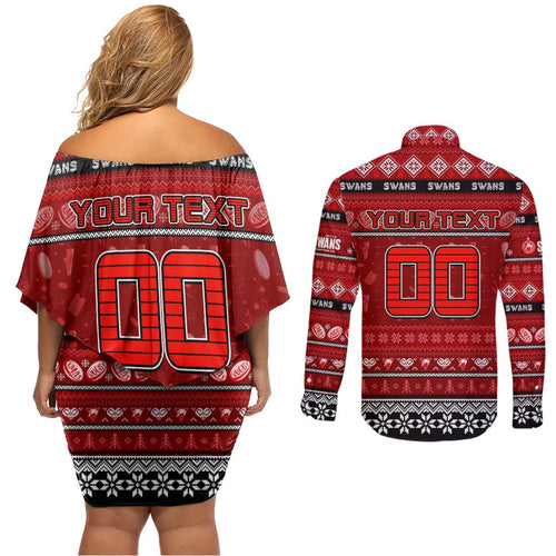 Personalized Swans Rugby Xmas Couples Matching Off Shoulder Short Dress and Long Sleeve Button Shirt Australia AFL Mascot