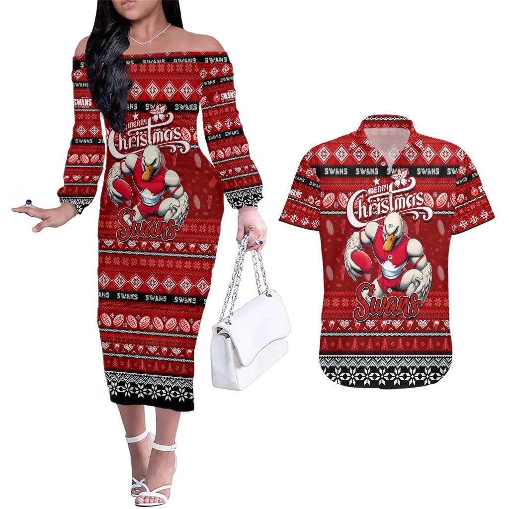 Personalized Swans Rugby Xmas Couples Matching Off The Shoulder Long Sleeve Dress and Hawaiian Shirt Australia AFL Mascot