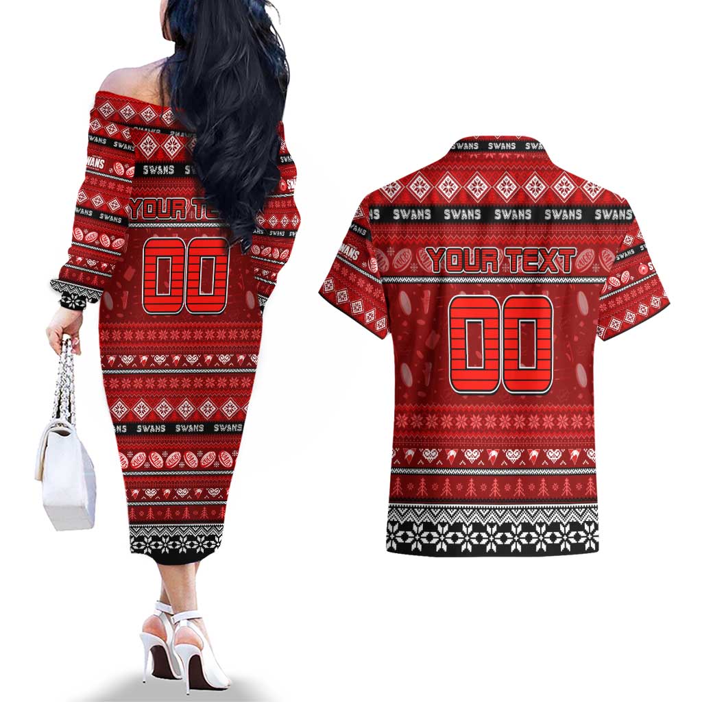 Personalized Swans Rugby Xmas Couples Matching Off The Shoulder Long Sleeve Dress and Hawaiian Shirt Australia AFL Mascot