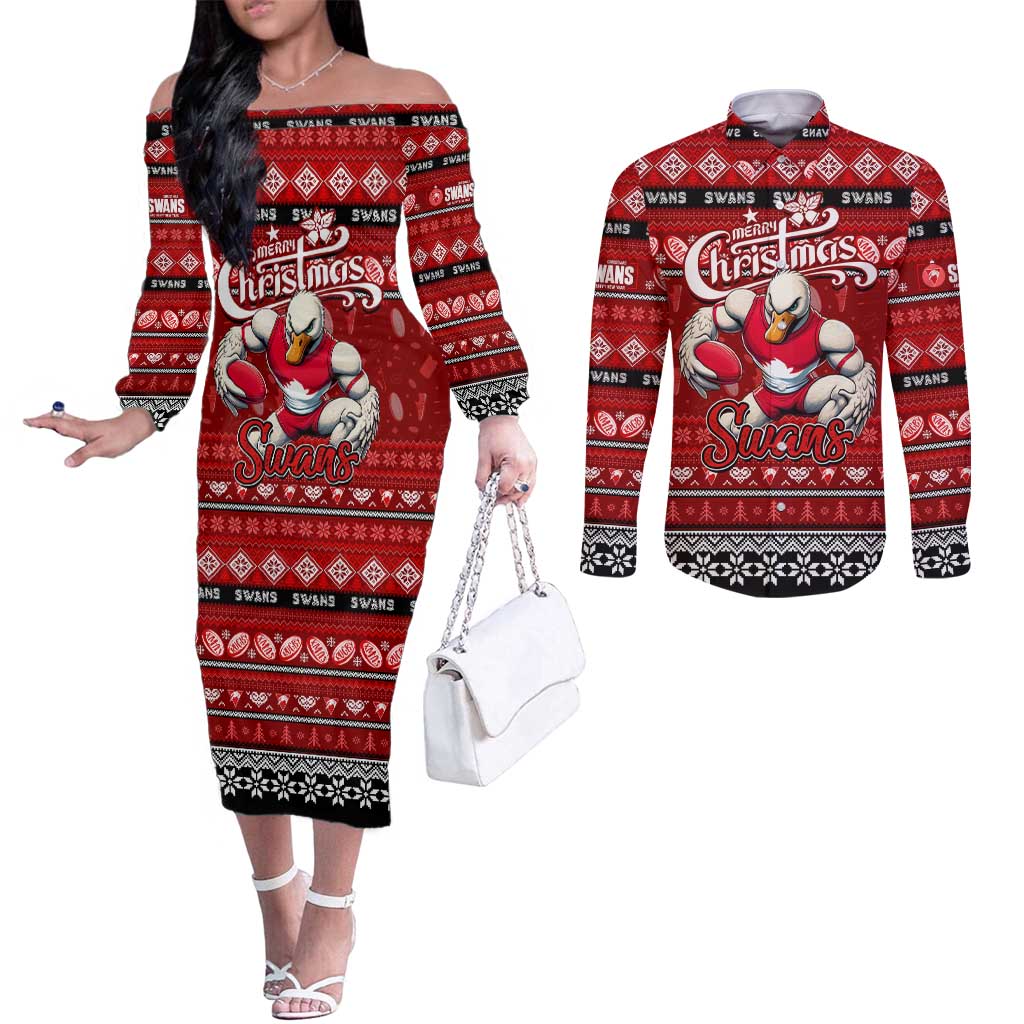 Personalized Swans Rugby Xmas Couples Matching Off The Shoulder Long Sleeve Dress and Long Sleeve Button Shirt Australia AFL Mascot