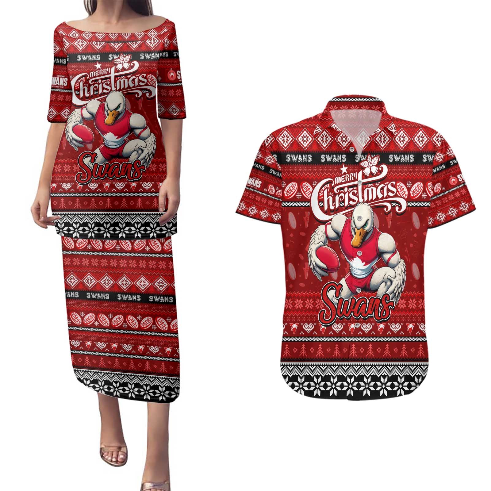 Personalized Swans Rugby Xmas Couples Matching Puletasi and Hawaiian Shirt Australia AFL Mascot