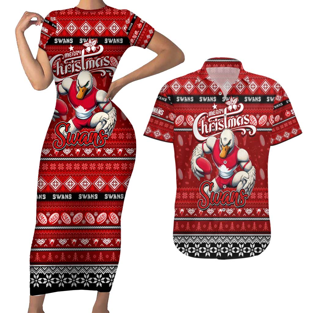 Personalized Swans Rugby Xmas Couples Matching Short Sleeve Bodycon Dress and Hawaiian Shirt Australia AFL Mascot
