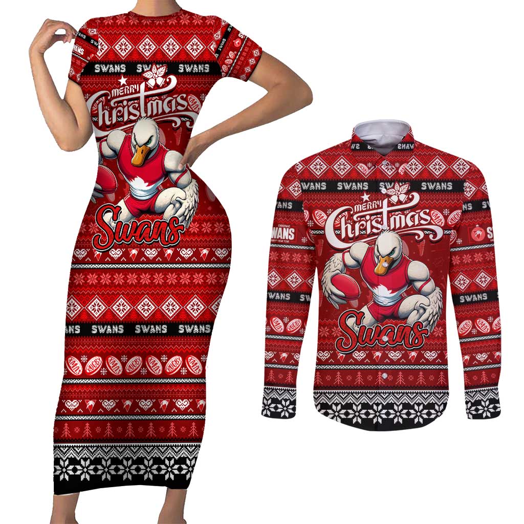 Personalized Swans Rugby Xmas Couples Matching Short Sleeve Bodycon Dress and Long Sleeve Button Shirt Australia AFL Mascot
