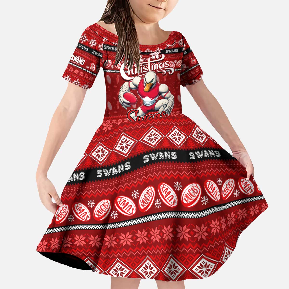 Personalized Swans Rugby Xmas Family Matching Off The Shoulder Long Sleeve Dress and Hawaiian Shirt Australia AFL Mascot