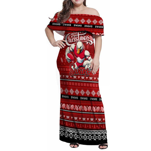Personalized Swans Rugby Xmas Family Matching Off Shoulder Maxi Dress and Hawaiian Shirt Australia AFL Mascot